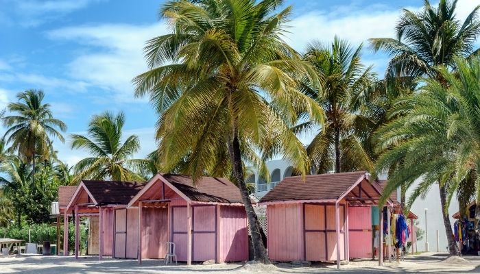 Pink beach huts in Antigua, Caribbean