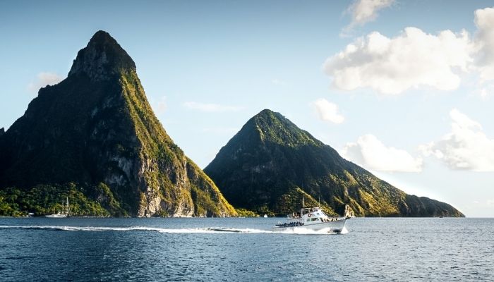 Boat on the Sea in front of the St Lucia Pitons