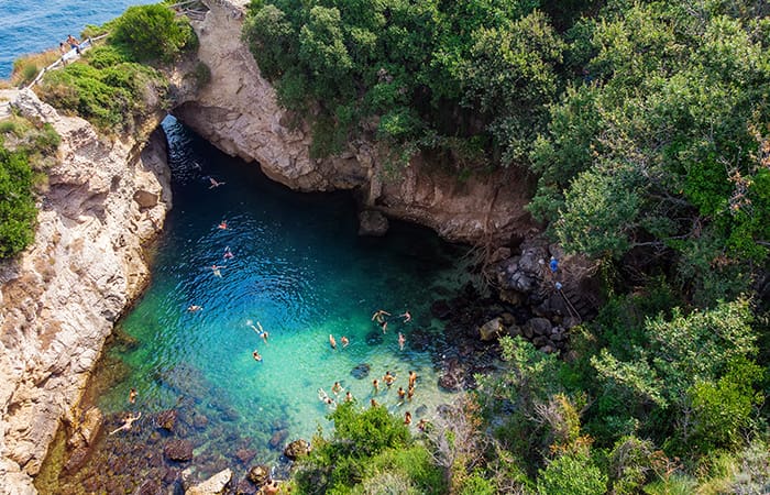 Aerial shot of the Bagni Regina Giovanna in Sorrento, Italy