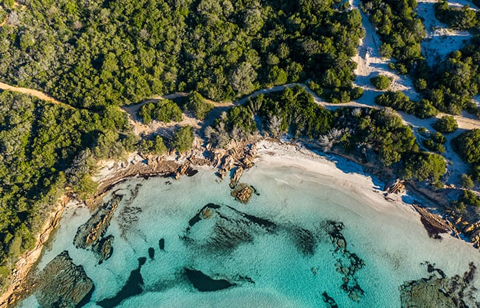 Aerial shot of Grande Pevero Beach in Costa Smeralda, Sardinia, Italy