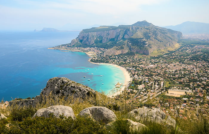 Aerial shot of Mondello Beach, Palermo, Italy