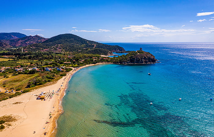 Aerial shot of Su Guideu Beach in Chia, Sardinia