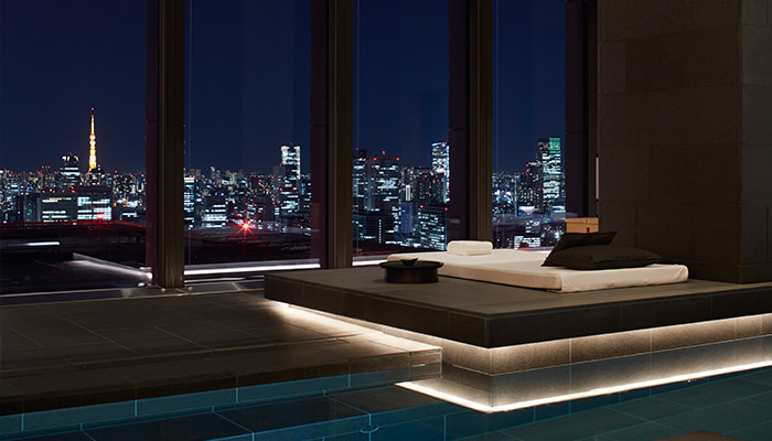 View of Tokyo skyline from the rooftop pool at Aman Tokyo, Japan