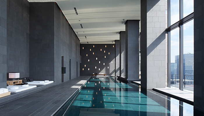 Indoor rooftop pool at Aman Tokyo, Japan