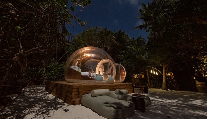 Glamping at night at Amilla Fushi, Maldives