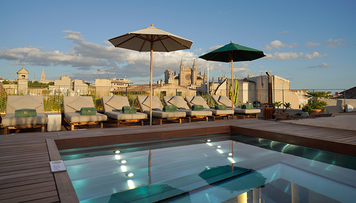 Rooftop pool overlooking Palma's Old Town at Can Bordoy Grand Hotel & Garden, Mallorca