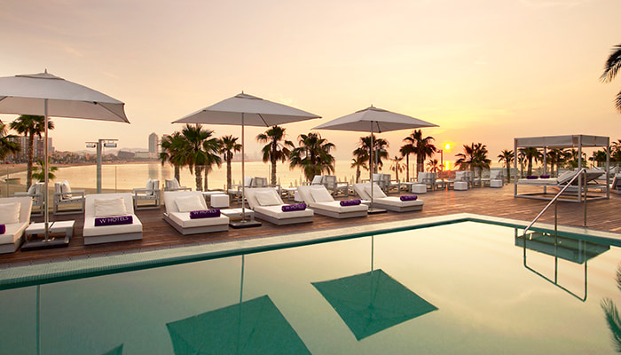 Sunset at the rooftop pool at W Barcelona Hotel, Spain