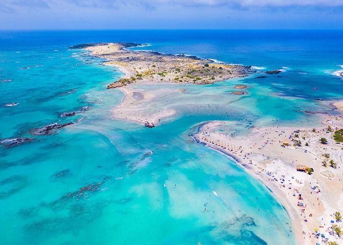 Aerial shot of Elafonisi beach in Crete, Greece