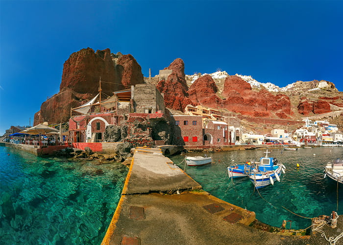 Fishing boats at the old port Amoudi Bay, Santorini, Greece