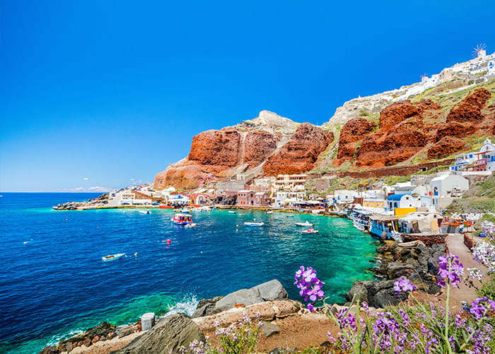 The old harbor of Amoudi in Santorini, Greece