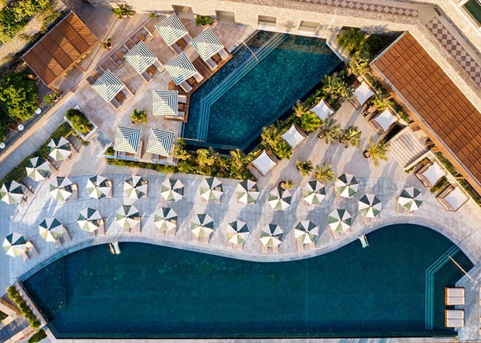 Aerial shot over pool area at Daios Cove, Crete, Greece