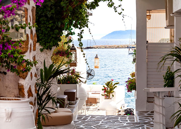 Beautiful view of the Mediterranean Sea seen through a restaurant in Halkidiki, Greece