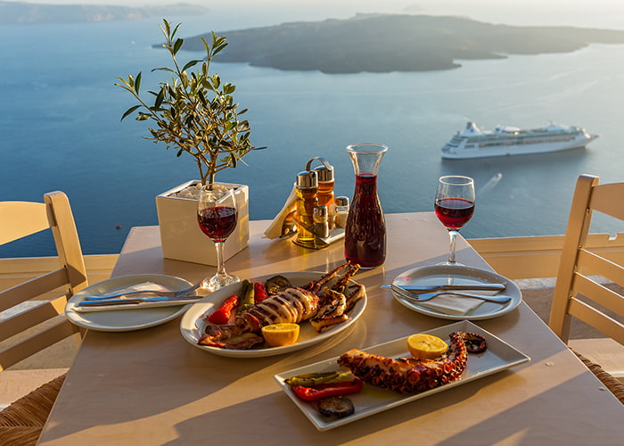 Restaurant dinner in Santorini, Greece