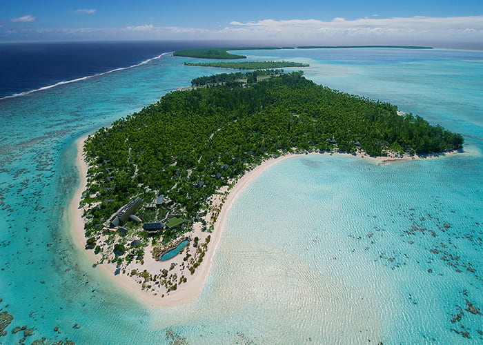 Aerial view over The Brando Luxury Resort, Tahiti