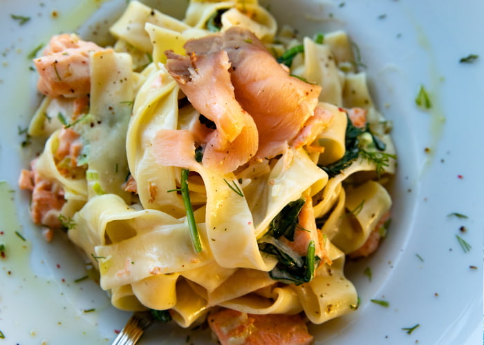 Mediterranean pasta dish served at restaurant in Zakynthos, Greece