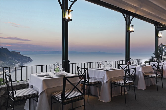 Dining terrace at Rossellinis in hotel Palazzo Avino, Italy