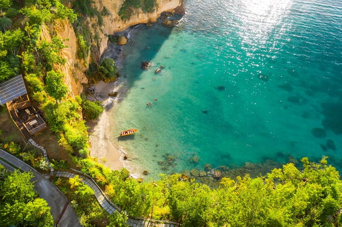 Ariel view of beach at Secret Bay resort in Dominica