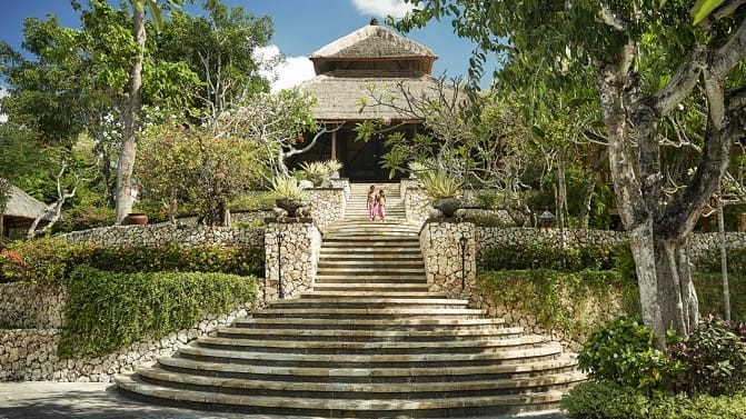 Exterior view of a stone staircase at the Four Seasons Resort at Jimbaran Bay in Bali.
 