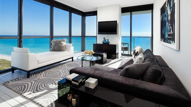 Seating arena with ocean view in a suite at the W South Beach hotel in Miami.