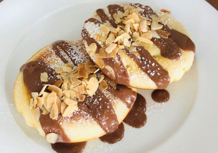 Pancakes with chocolate sauce at Elia Restaurant