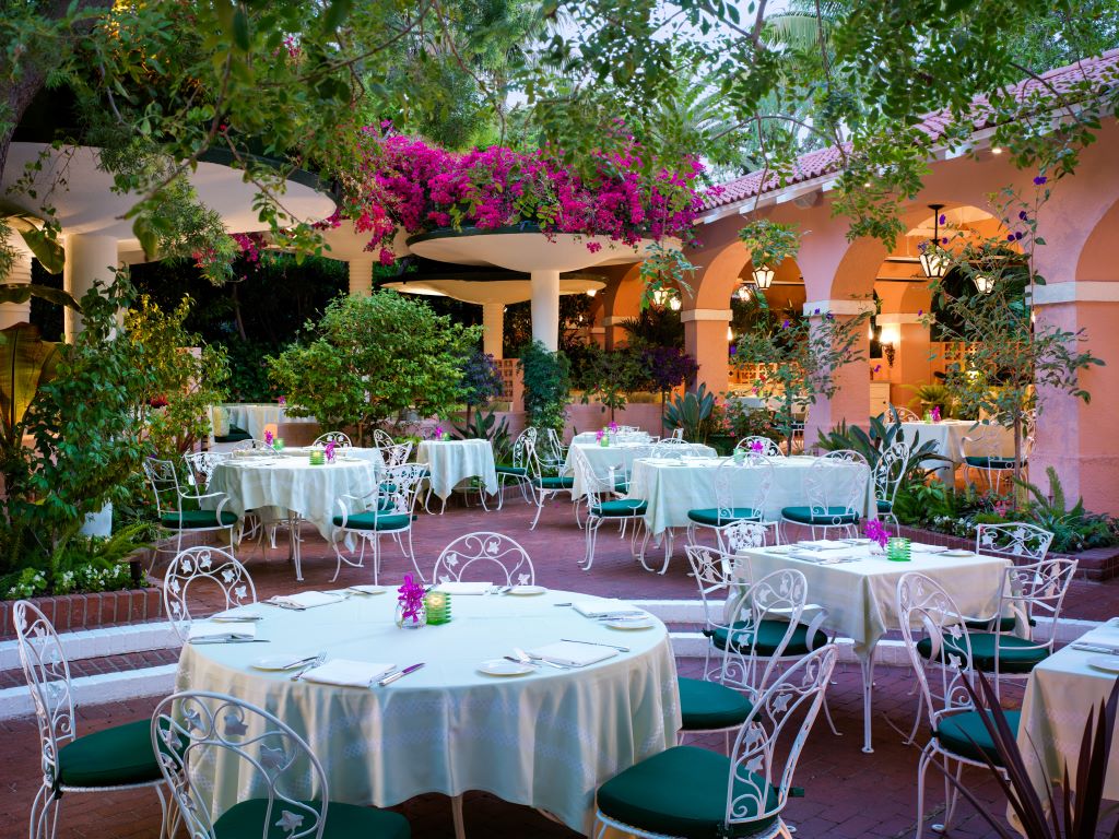 Exterior patio at the Polo Lounge, The Beverly Hills Hotel